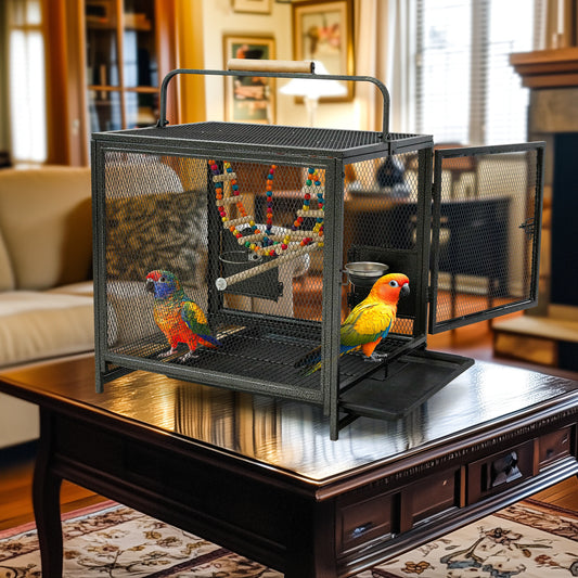 Wrought Iron Parrot Travel Cage With Wooden Perch Seed Guard