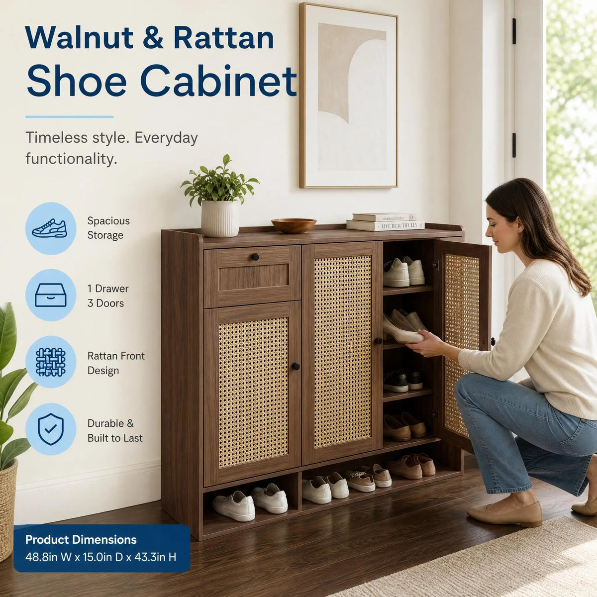 HiMISS Bamboo Rattan Shoe Cabinet With Drawer And Adjustable Shelf