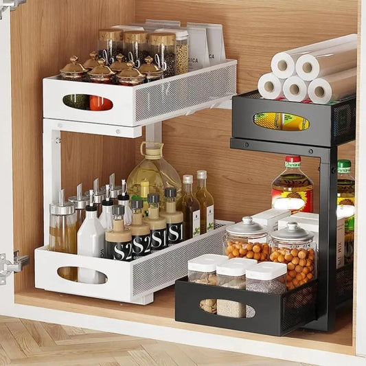 Garvee Dual Tier Under Sink Pull Out Adjustable Storage Rack