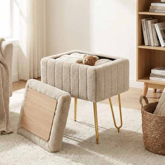 JHK Modern Faux Fur Vanity Stool Featuring Padded Seat And Storage