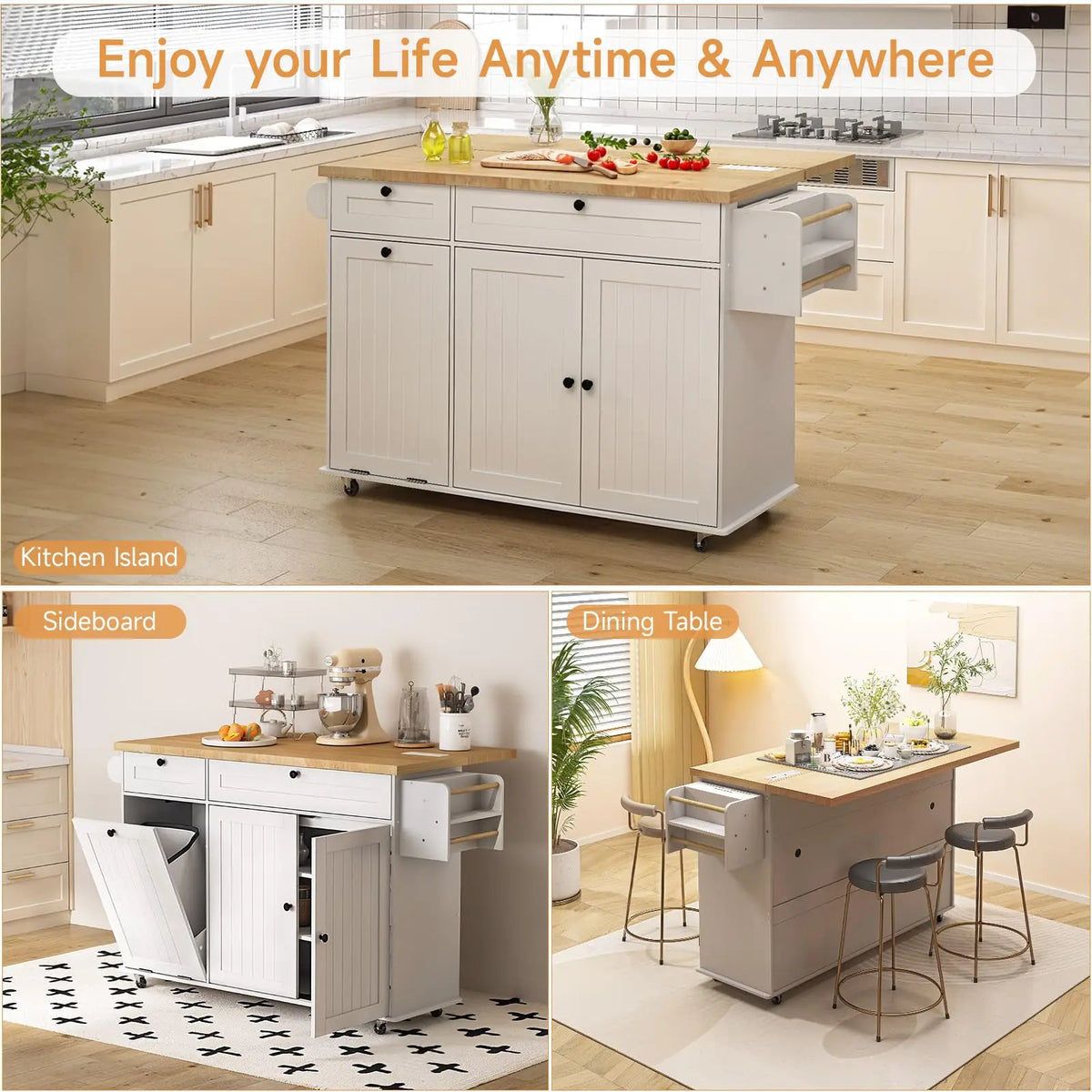 ONBRILL Mobile Kitchen Island Cart With Power Outlet Spice Rack Drop Leaf