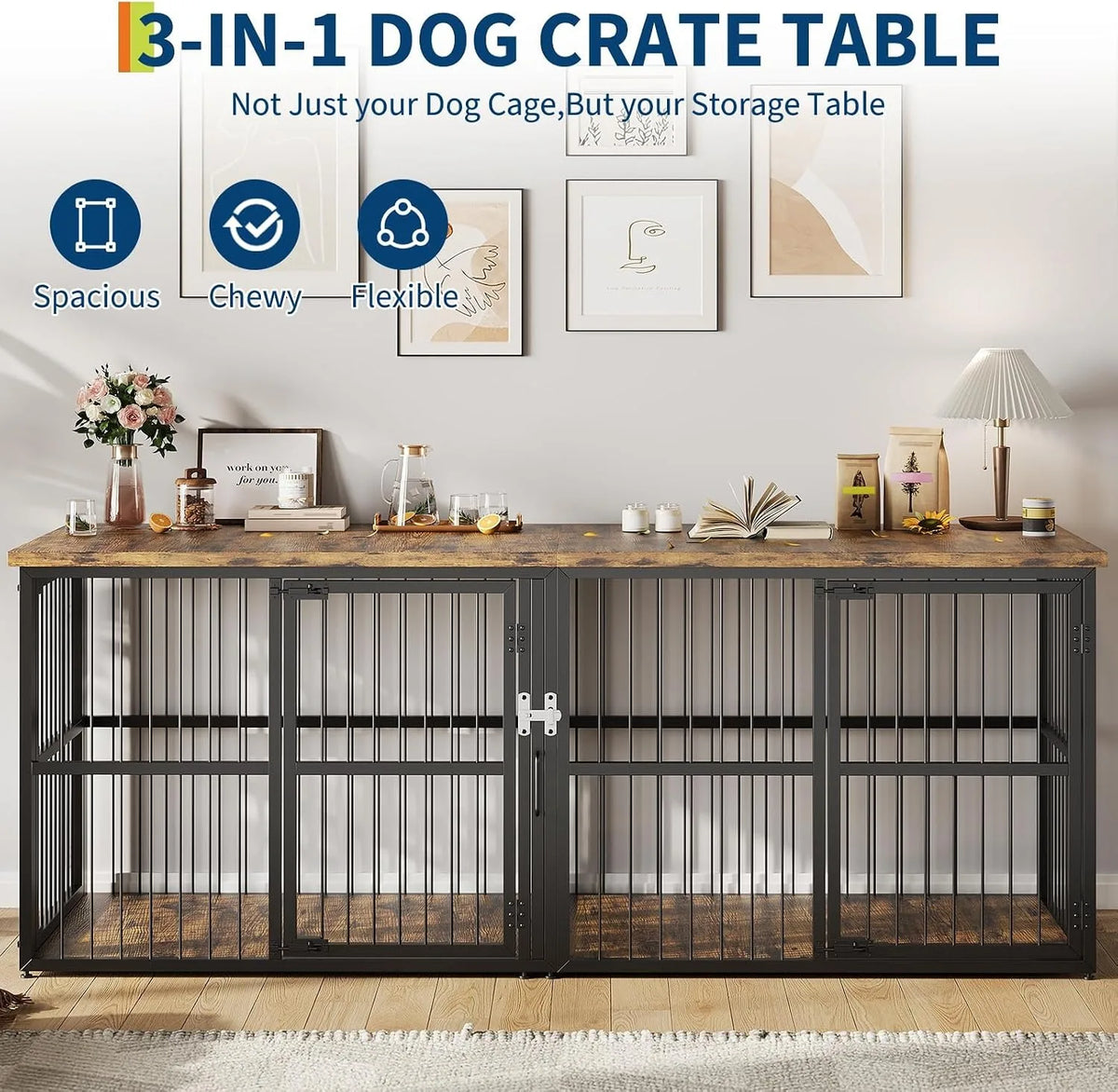 Double Wooden Dog Crate Furniture Cabinet With Divider And Storage