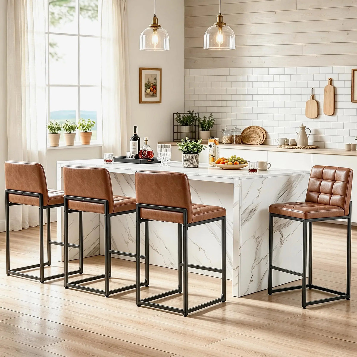 HiMISS Upholstered Bar Stools Set With Backrest And Metal Base