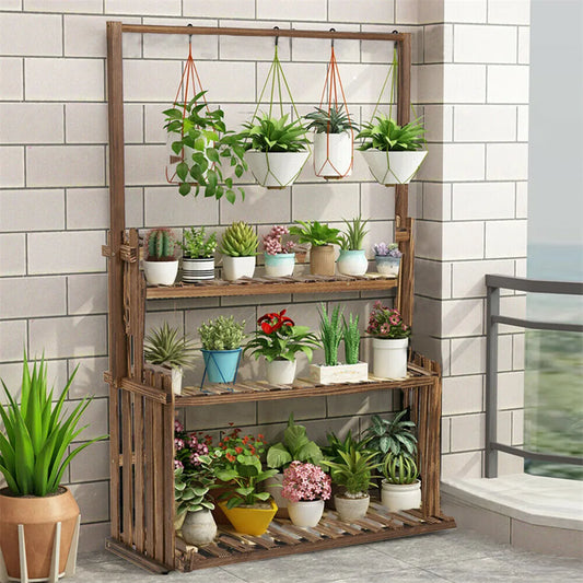 Three-Tier Wood Hanging Plant Stand for Indoor Outdoor Use