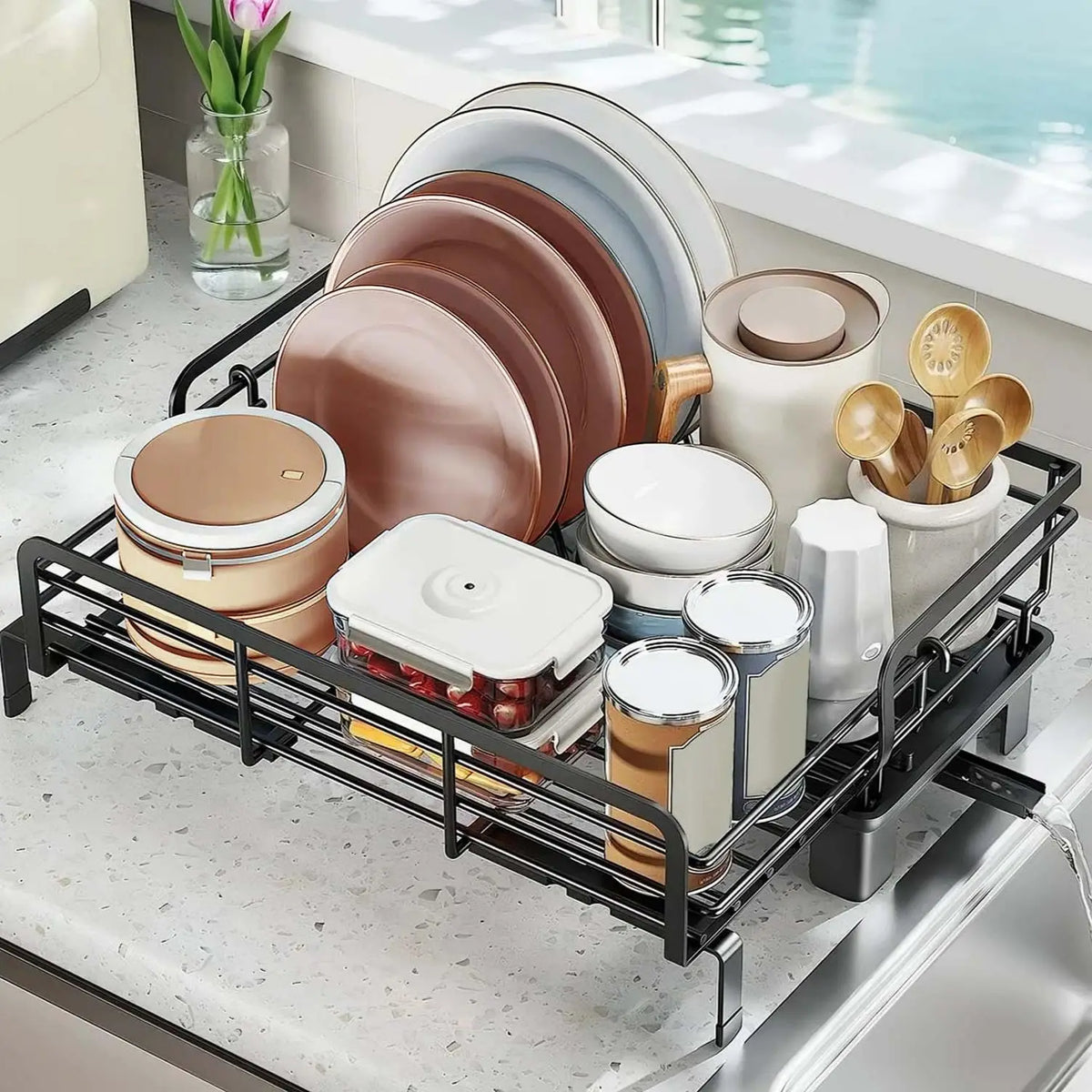 Adjustable Over Sink Stainless Steel Dish Drying Rack With Drainboard