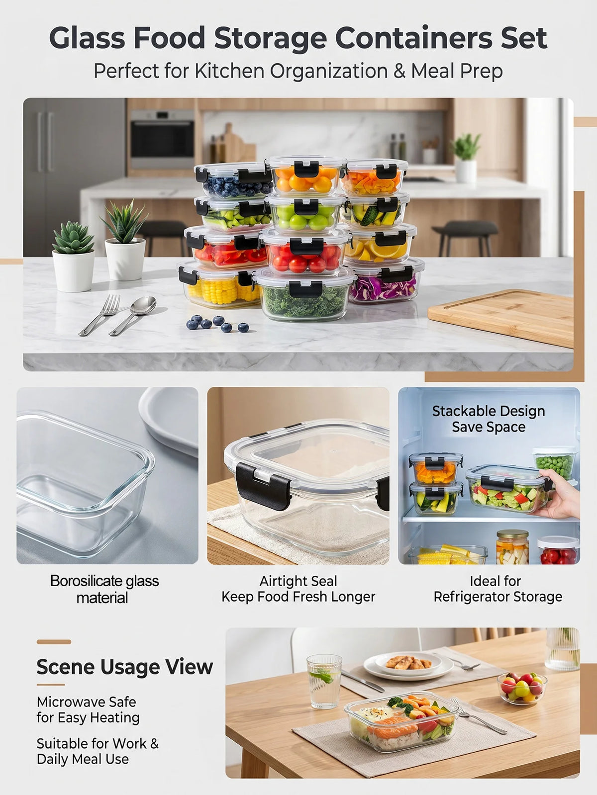 Borosilicate Glass Storage Container Kit With Secure Snap Lock Lids