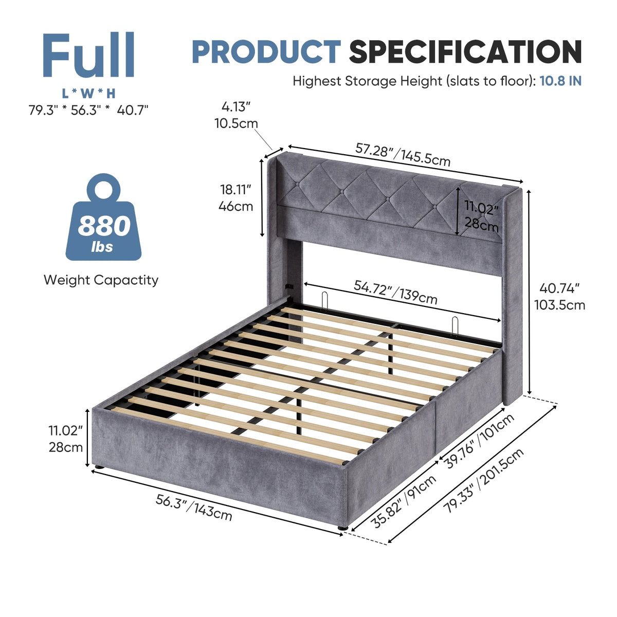 JHK Modern Upholstered Wingback Platform Bed With Hydraulic Lift Storage