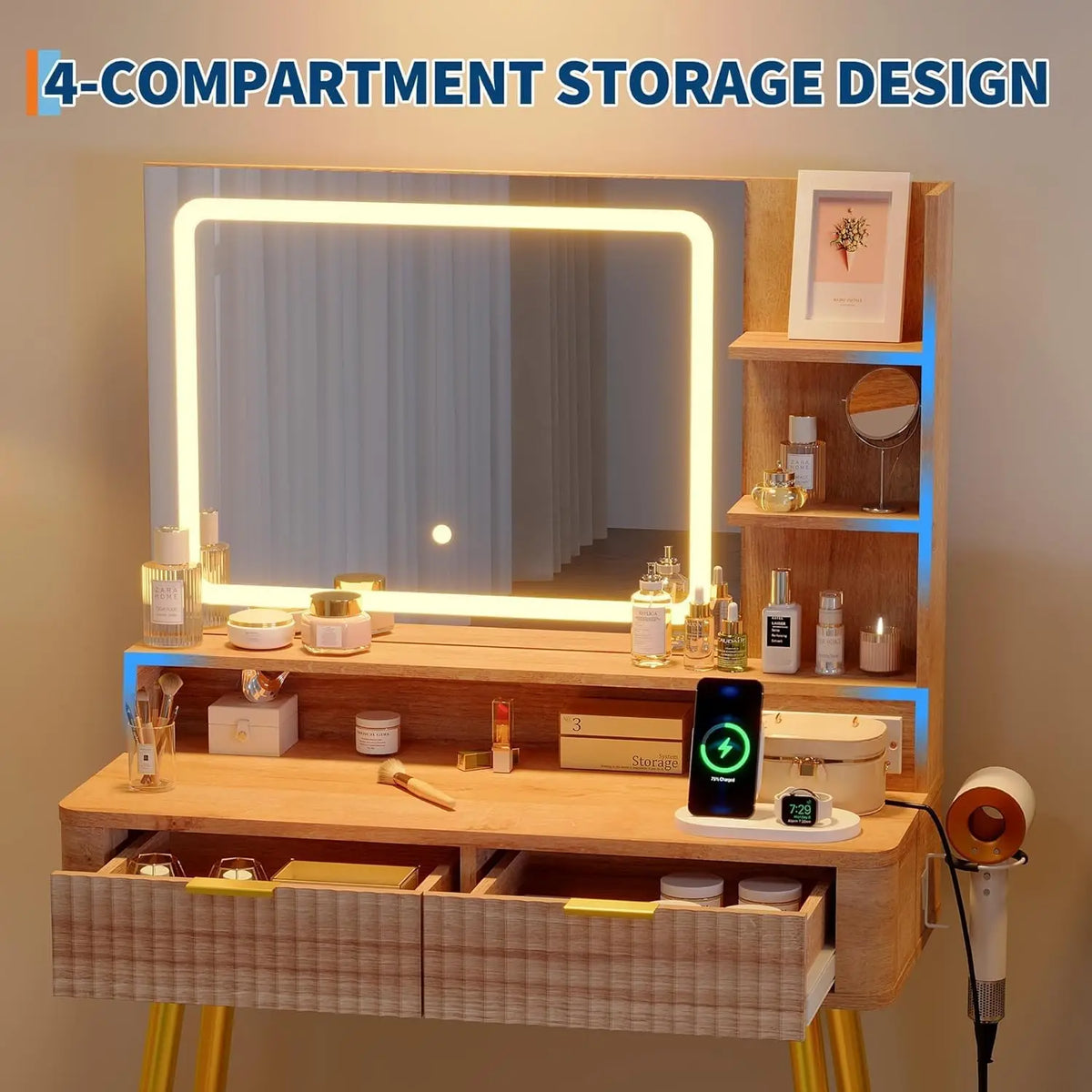 HiMiss Led Vanity Table With Lighted Mirror Storage Drawers