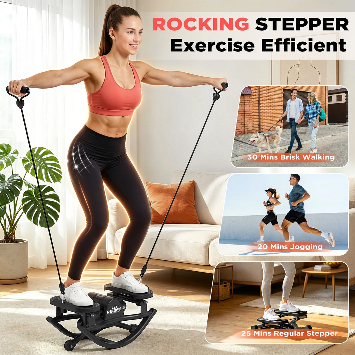 3D Lateral Rocking Stepper With Resistance Bands For Home Fitness