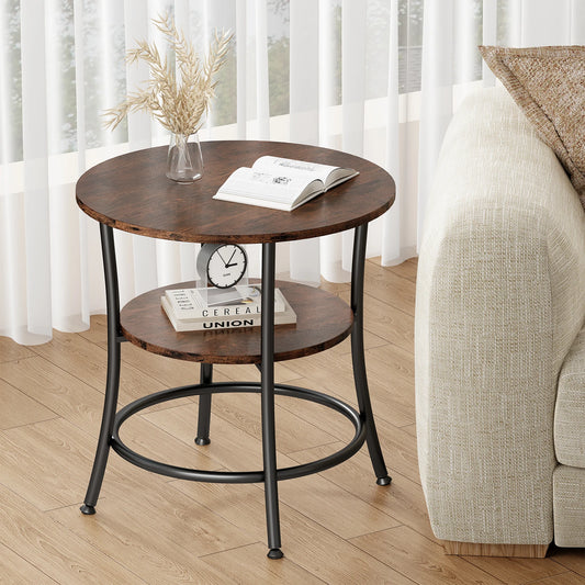 JHK Two Tier Round Accent Table With Metal Storage Shelf