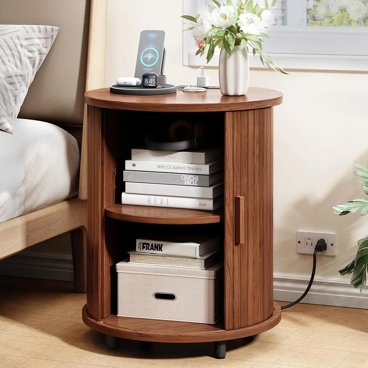 Onbrill Fluted Round End Table Set Of Two Wooden Nightstands