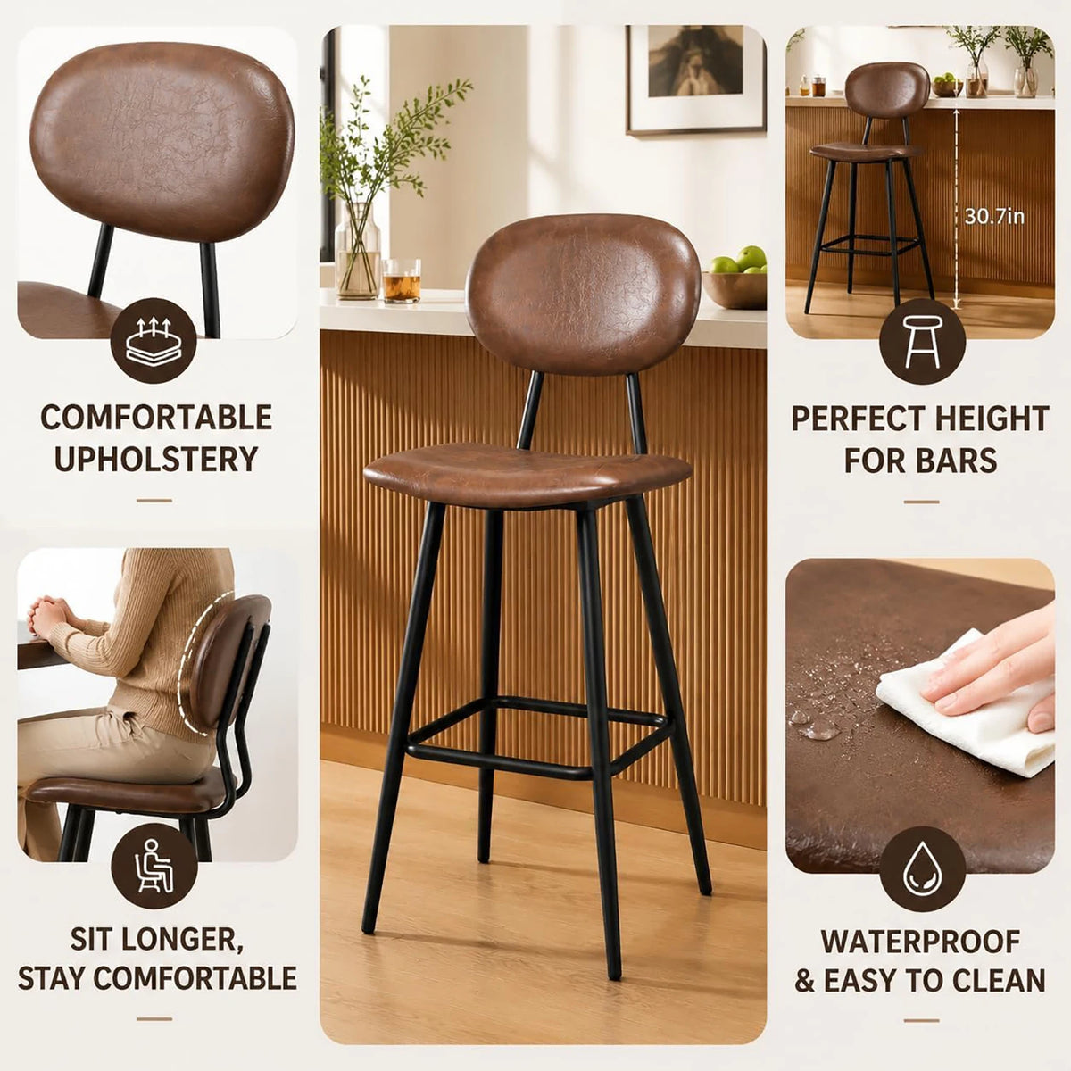 HobbyLane Bar Stools Set of 2 Faux Leather High Back