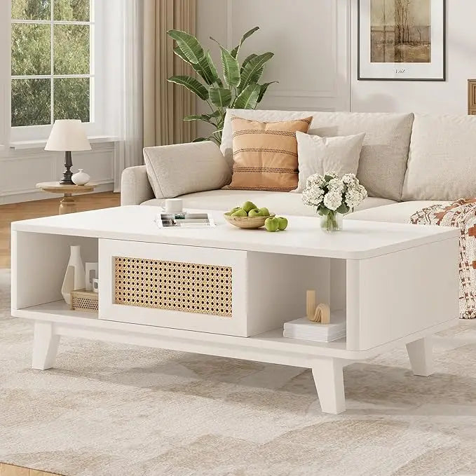 Farini Mid Century Modern Wood Coffee Table With Rattan Drawer