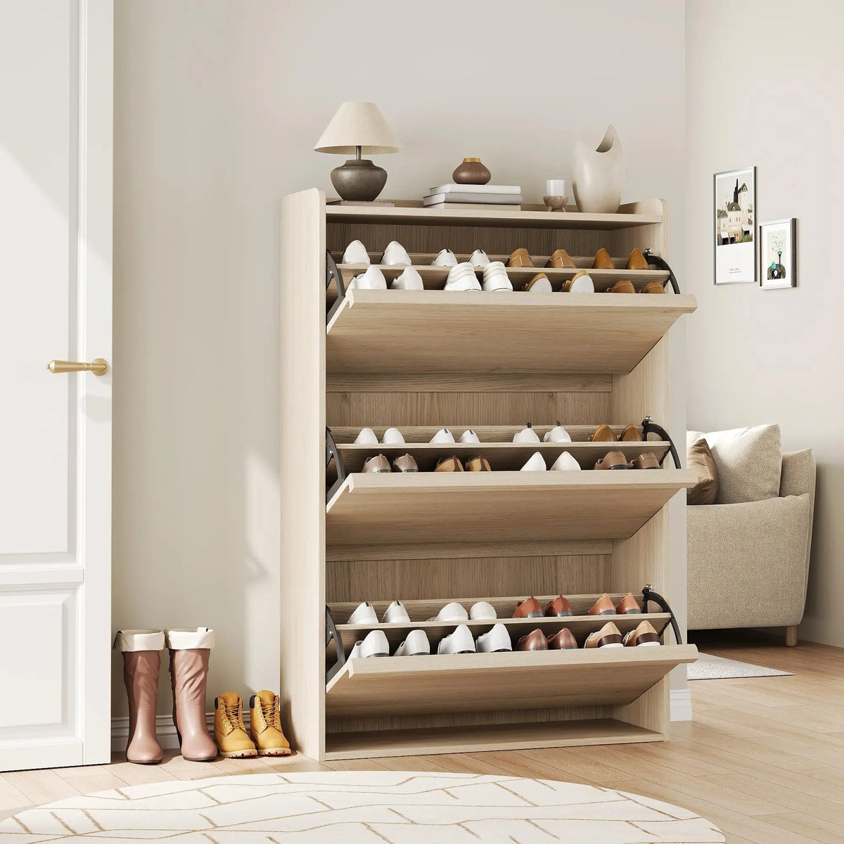 HiMISS 3 Drawer Wooden Shoe Cabinet Freestanding Home Storage Organizer