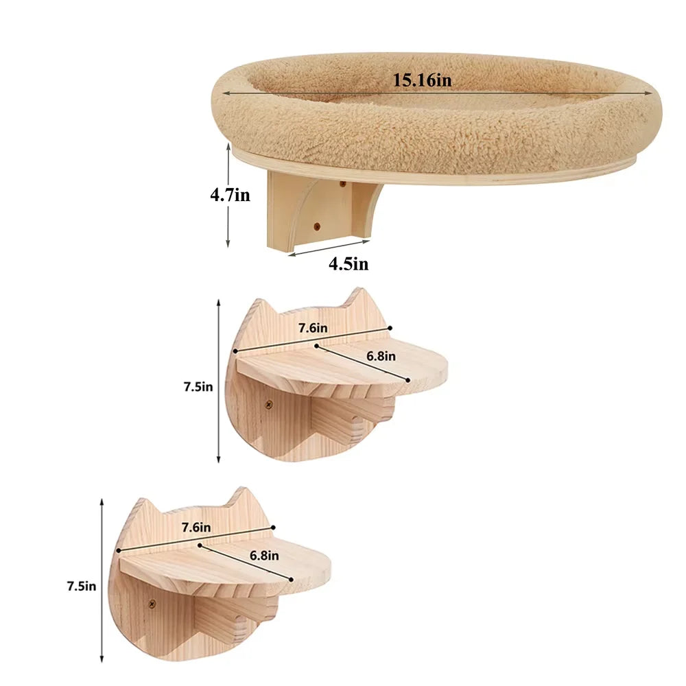 Wall Mounted Wooden Cat Ladder With Hammock And Scratching Post