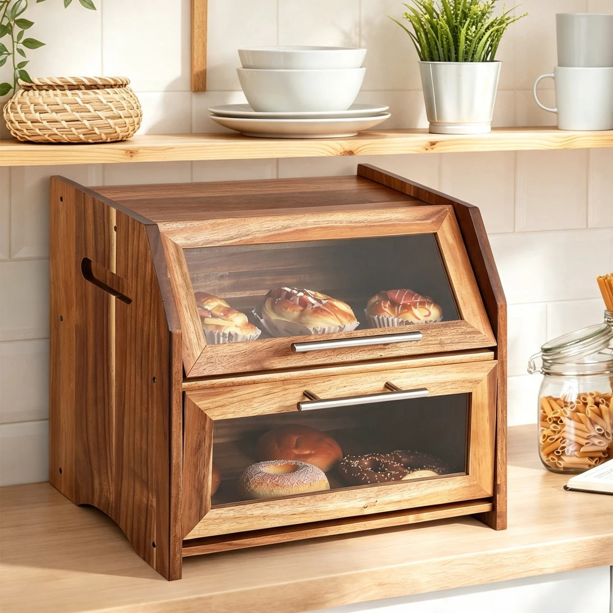 HiMISS Double Layer Acacia Wood Bread Box Clear Vented Doors