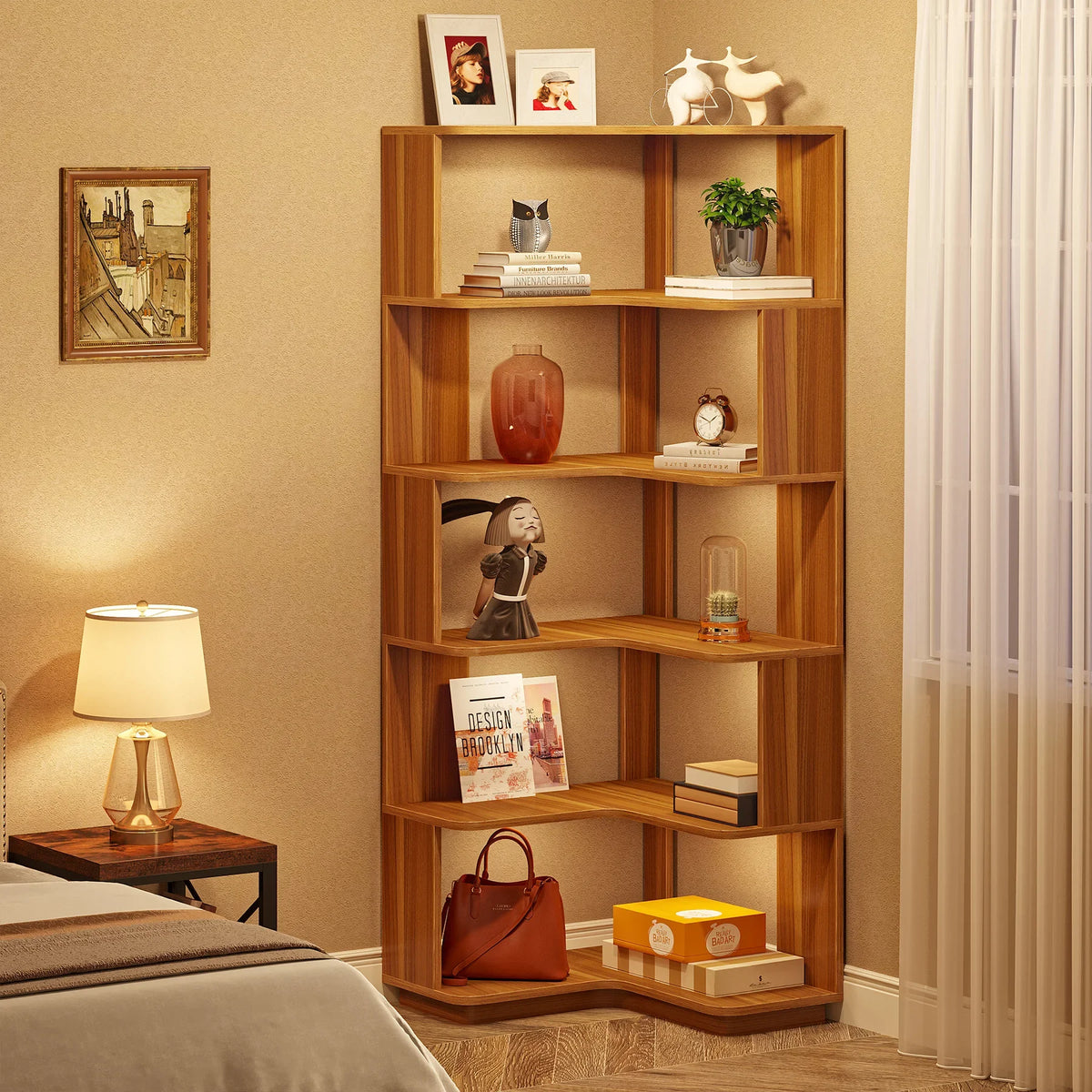 Tribesigns Six Tier Industrial Corner Bookcase With Protective Backing