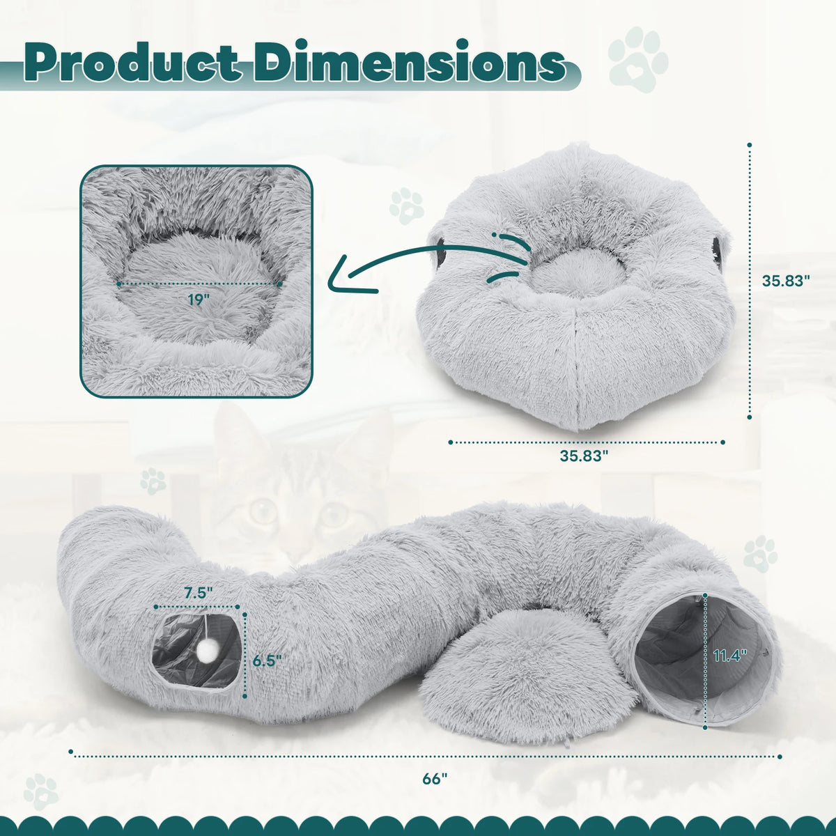 JHK Circular Cat Tunnel Bed Featuring Soft Plush Washable Interior