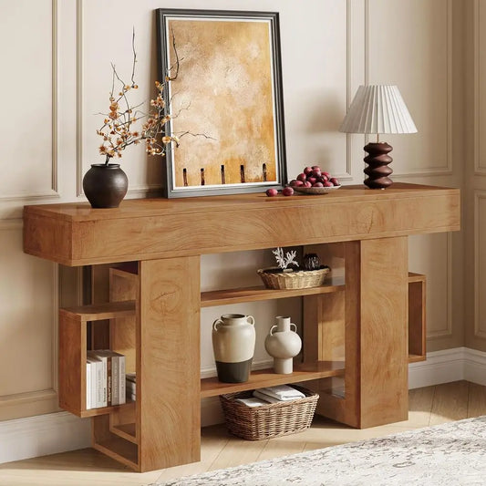 Three Tier Wooden Console Table With Storage Shelves And Geometric Design