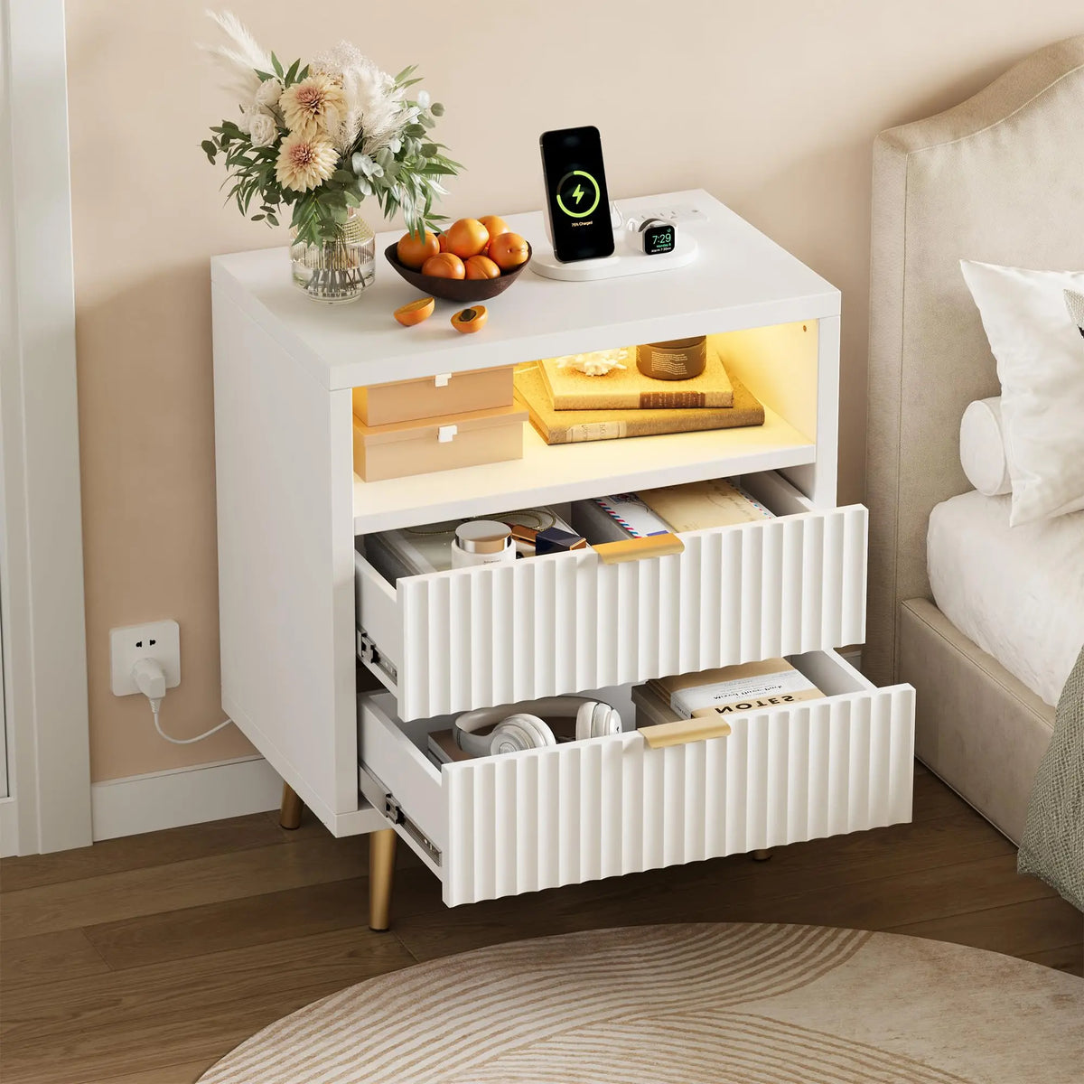 HiMISS Modern LED Nightstand With Charging Station And Two Drawers