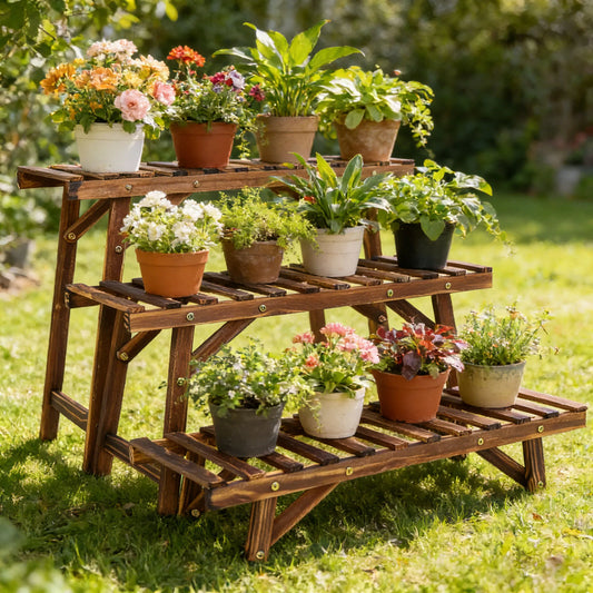 Three Tier Wooden Plant Stand For Indoor Outdoor Home Display