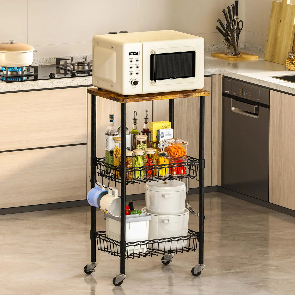 XIUWO 3-Tier Rolling Kitchen Cart with Casters and Adjustable Baskets