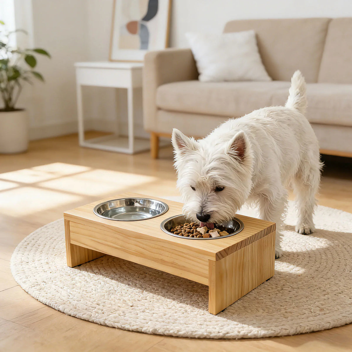 Wooden Elevated Dog Feeder With Stainless Steel Double Bowls