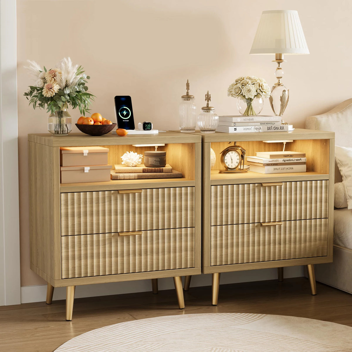 HiMISS Modern LED Nightstand With Charging Station And Two Drawers