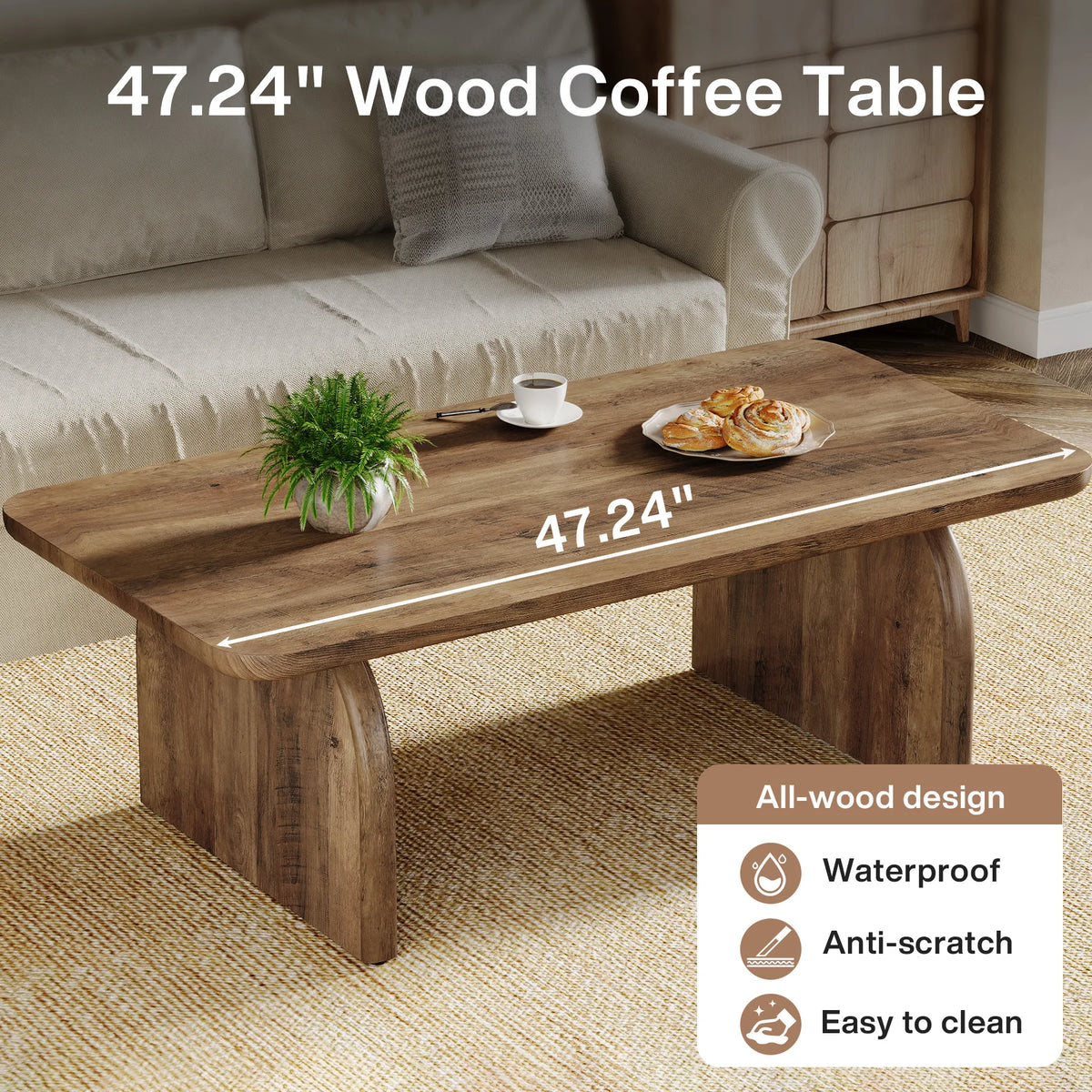 Tribesigns Farmhouse Rectangular Wooden Coffee Table With Sturdy Frame